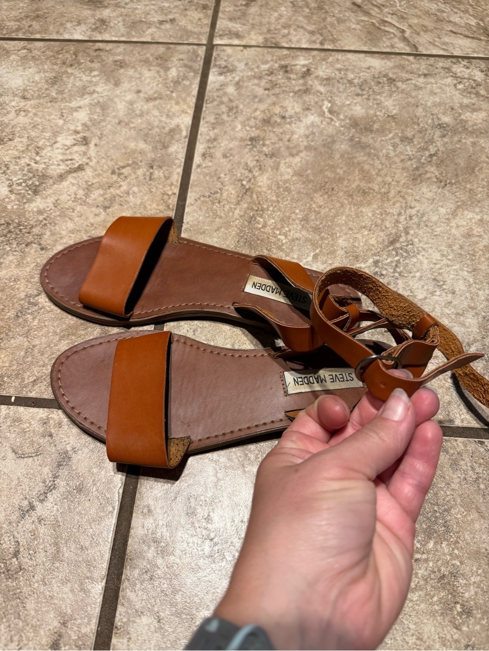 Steve Madden Cognac Leather Ankle-Strap Flat Sandals